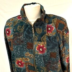 Floral Vintage Zip Up Golden Girls Green Jacket Shoulder Pads Women L